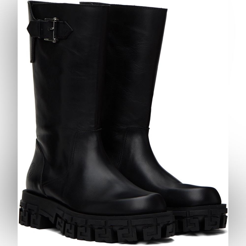 Versace Black Leather Knee-High Boots